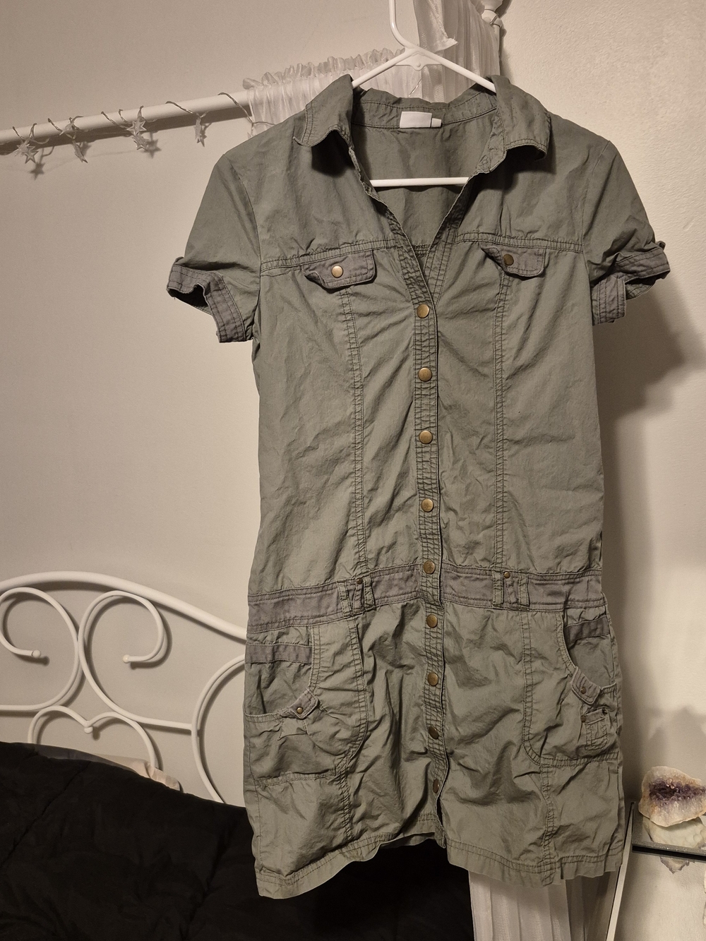 100% Cotton, Casual Button-Front Utility Dress - Olive Green
